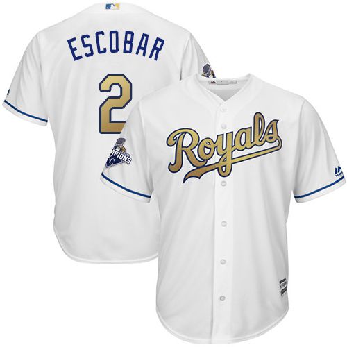 Royals #2 Alcides Escobar White 2015 World Series Champions Gold Program Cool Base Stitched Youth MLB Jersey - Click Image to Close